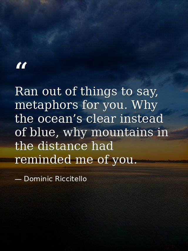 Ran out of things to say, metaphors for you. Why the ocean’s clear instead of blue, why mountains in the distance had re — Dominic Riccitello