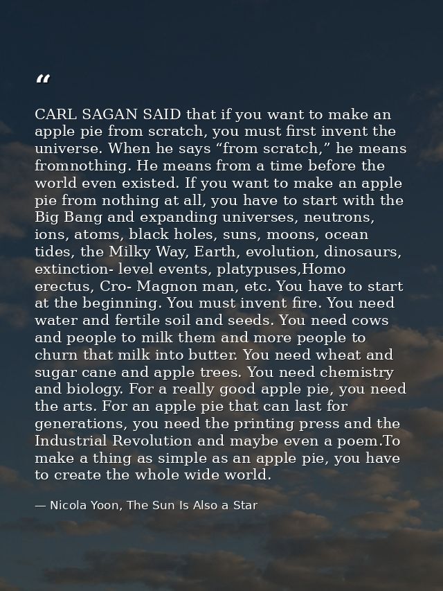CARL SAGAN SAID that if you want to make an apple pie from scratch, you must first invent the universe. When he says “fr — Nicola Yoon, The Sun Is Also a Star