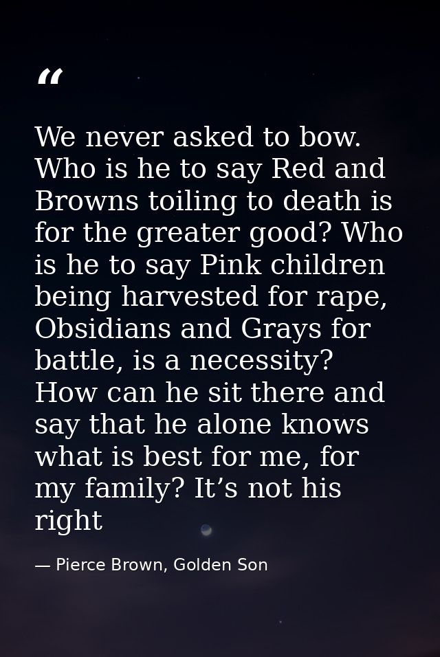 We never asked to bow. Who is he to say Red and Browns toiling to death is for the greater good? Who is he to say Pink c — Pierce Brown, Golden Son