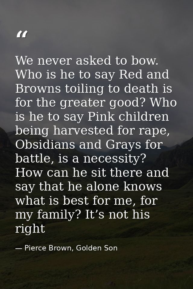 We never asked to bow. Who is he to say Red and Browns toiling to death is for the greater good? Who is he to say Pink c — Pierce Brown, Golden Son