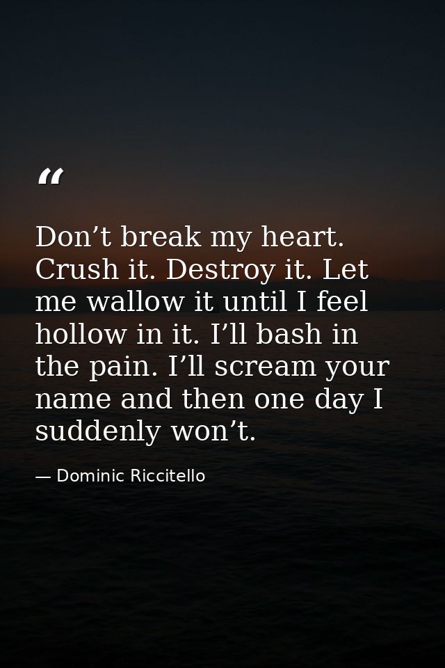 Don’t break my heart. Crush it. Destroy it. Let me wallow it until I feel hollow in it. I’ll bash in the pain. I’ll scre — Dominic Riccitello