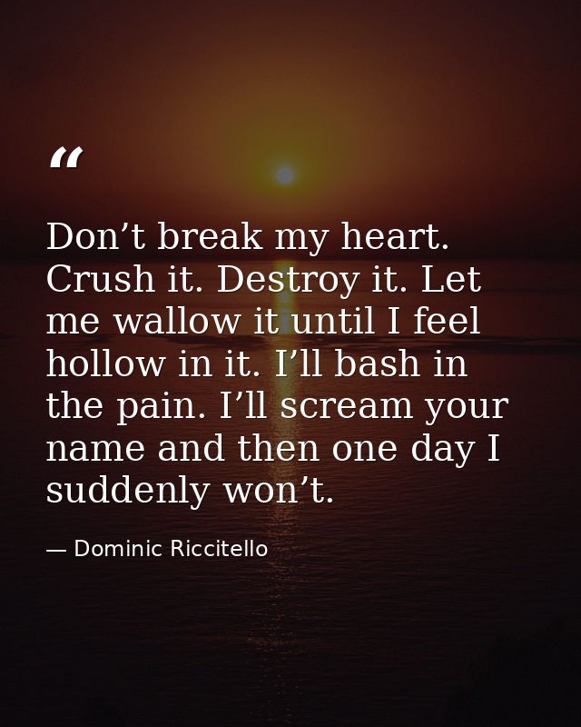 Don’t break my heart. Crush it. Destroy it. Let me wallow it until I feel hollow in it. I’ll bash in the pain. I’ll scre — Dominic Riccitello