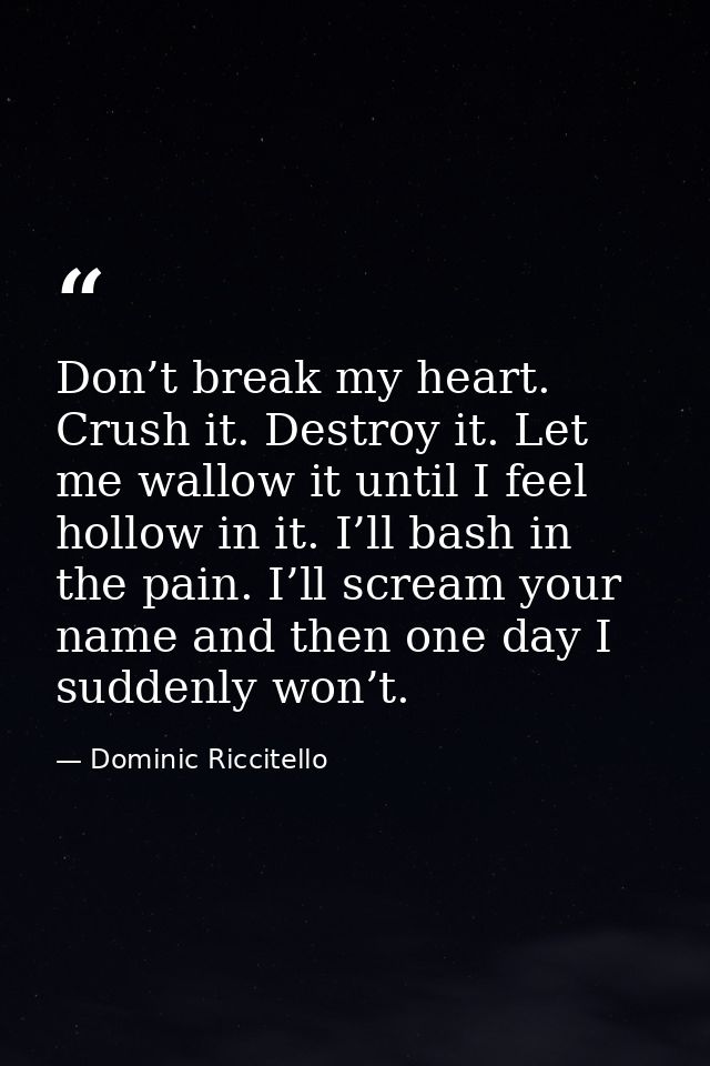 Don’t break my heart. Crush it. Destroy it. Let me wallow it until I feel hollow in it. I’ll bash in the pain. I’ll scre — Dominic Riccitello