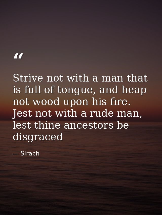 Strive not with a man that is full of tongue, and heap not wood upon his fire. Jest not with a rude man, lest thine ance — Sirach