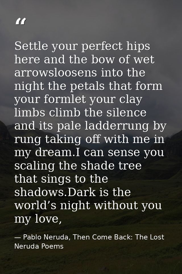 Settle your perfect hips here and the bow of wet arrowsloosens into the night the petals that form your formlet your cla — Pablo Neruda, Then Come Back: The Lost Neruda Poems