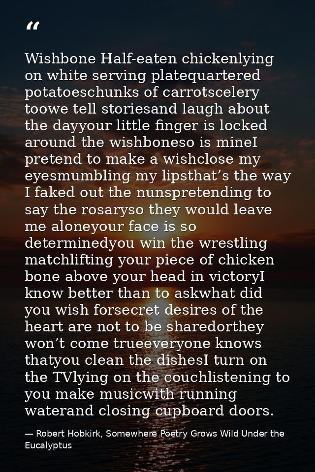 Wishbone Half-eaten chickenlying on white serving platequartered potatoeschunks of carrotscelery toowe tell storiesand l — Robert Hobkirk, Somewhere Poetry Grows Wild Under the Eucalyptus