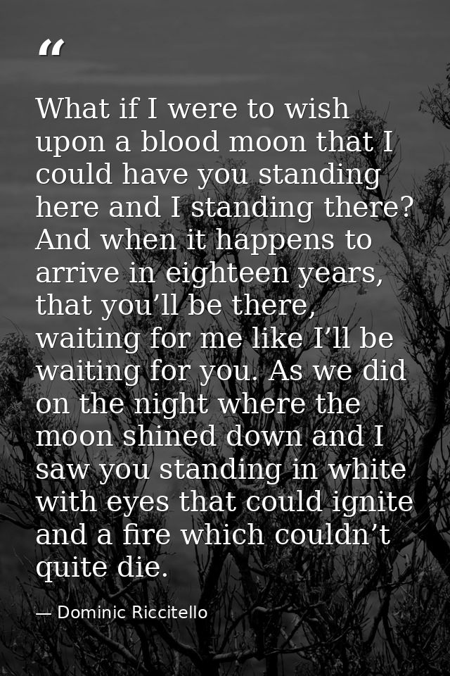 What if I were to wish upon a blood moon that I could have you standing here and I standing there? And when it happens t — Dominic Riccitello