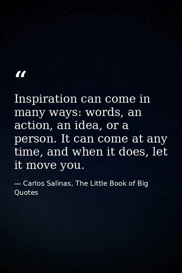 Inspiration can come in many ways: words, an action, an idea, or a person. It can come at any time, and when it does, le — Carlos Salinas, The Little Book of Big Quotes