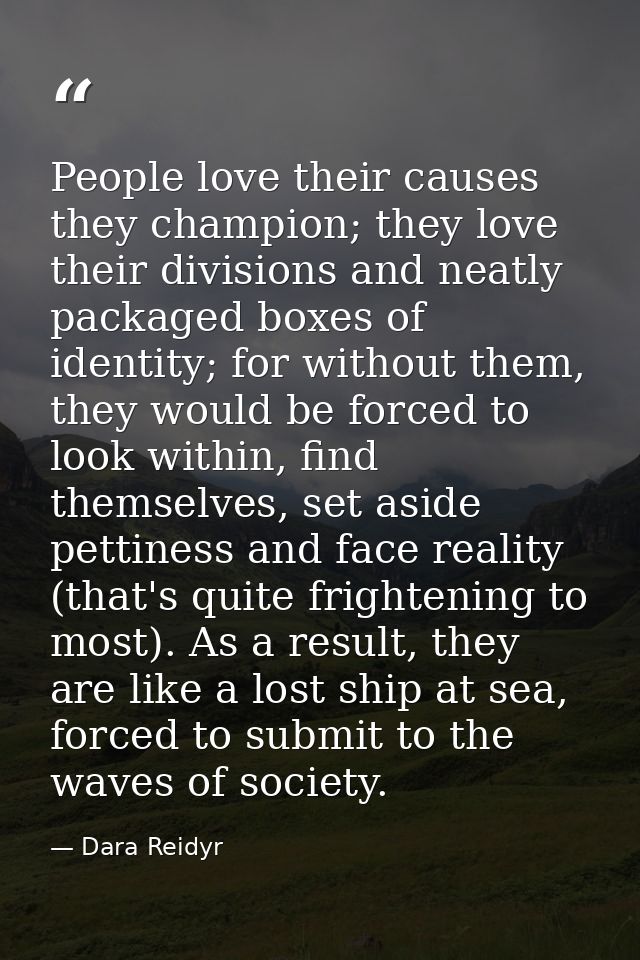 People love their causes they champion; they love their divisions and neatly packaged boxes of identity; for without the — Dara Reidyr
