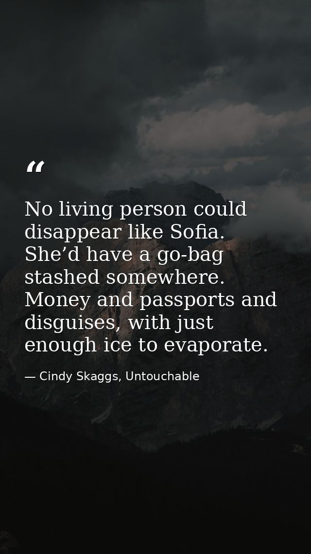No living person could disappear like Sofia. She’d have a go-bag stashed somewhere. Money and passports and disguises, w — Cindy Skaggs, Untouchable