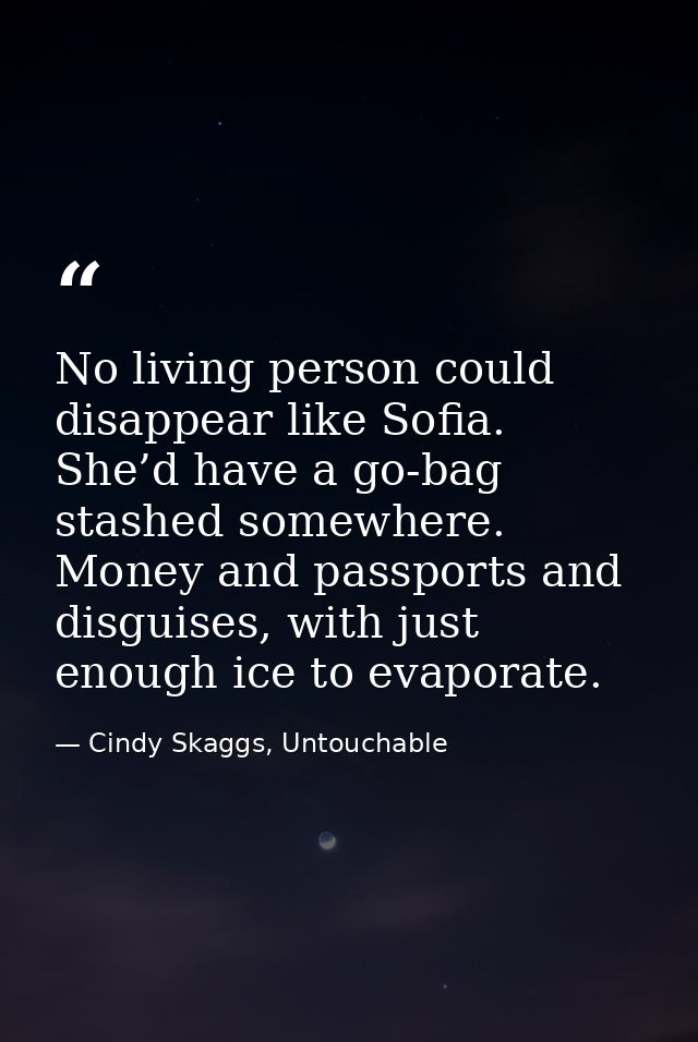 No living person could disappear like Sofia. She’d have a go-bag stashed somewhere. Money and passports and disguises, w — Cindy Skaggs, Untouchable