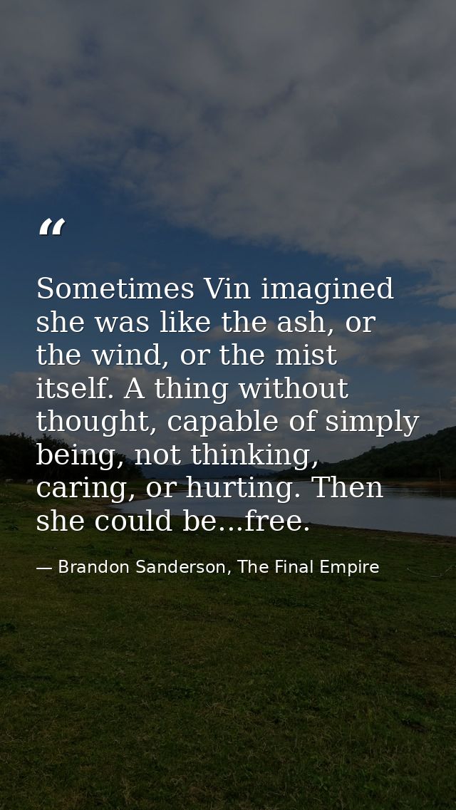 Sometimes Vin imagined she was like the ash, or the wind, or the mist itself. A thing without thought, capable of simply — Brandon Sanderson, The Final Empire