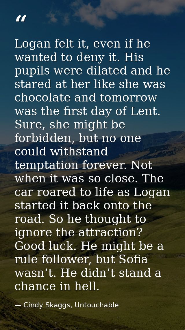 Logan felt it, even if he wanted to deny it. His pupils were dilated and he stared at her like she was chocolate and tom — Cindy Skaggs, Untouchable