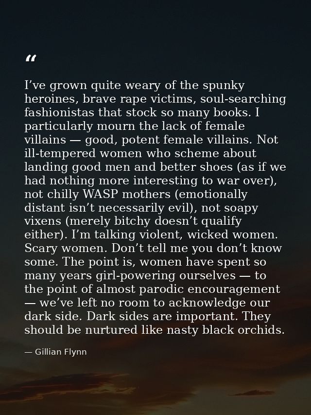 I’ve grown quite weary of the spunky heroines, brave rape victims, soul-searching fashionistas that stock so many books. — Gillian Flynn
