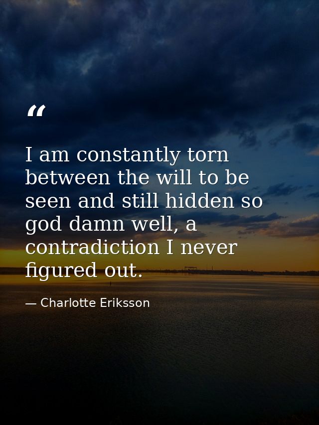 I am constantly torn between the will to be seen and still hidden so god damn well, a contradiction I never figured out. — Charlotte Eriksson