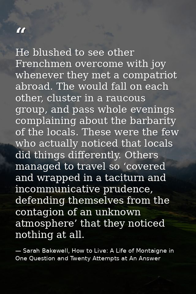 He blushed to see other Frenchmen overcome with joy whenever they met a compatriot abroad. The would fall on each other, — Sarah Bakewell, How to Live: A Life of Montaigne in One Question and Twenty Attempts at An Answer