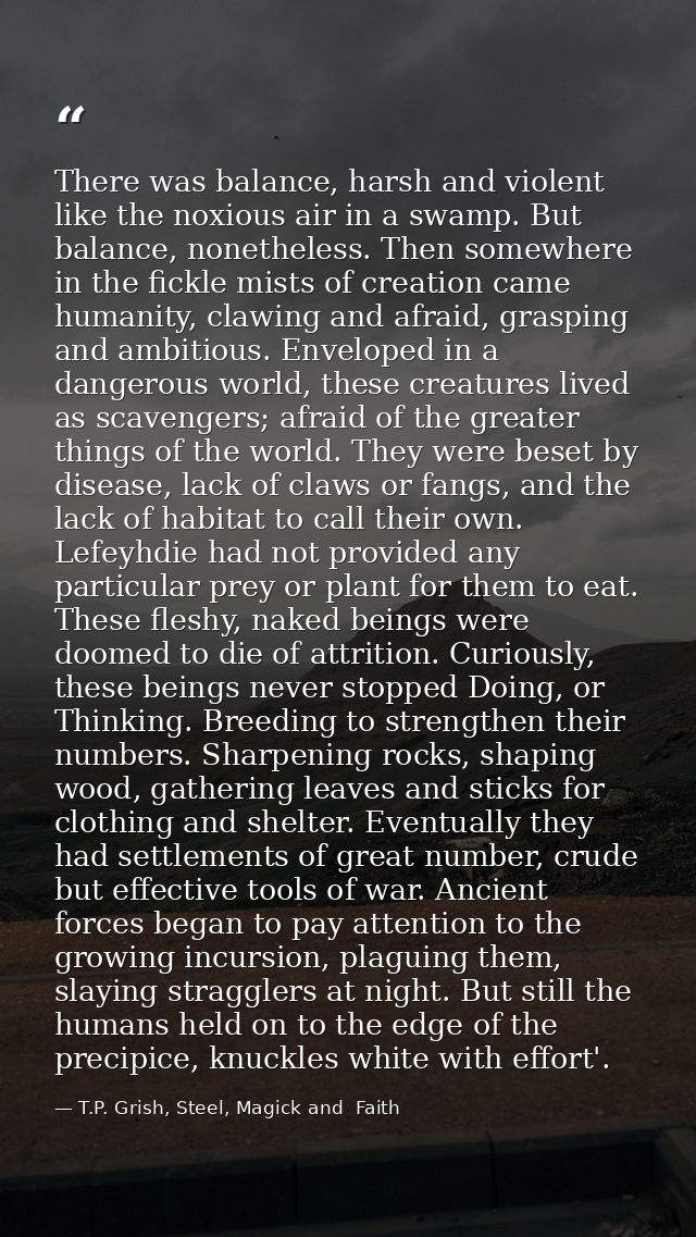 There was balance, harsh and violent like the noxious air in a swamp. But balance, nonetheless. Then somewhere in the fi — T.P. Grish, Steel, Magick and  Faith