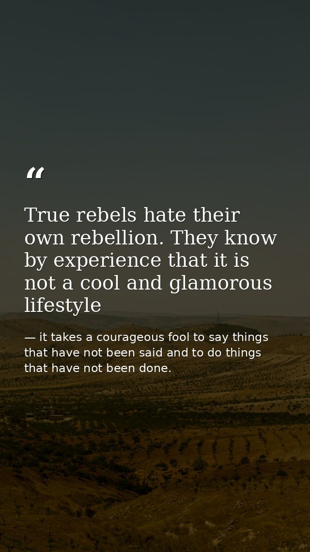 True rebels hate their own rebellion. They know by experience that it is not a cool and glamorous lifestyle — it takes a courageous fool to say things that have not been said and to do things that have not been done.