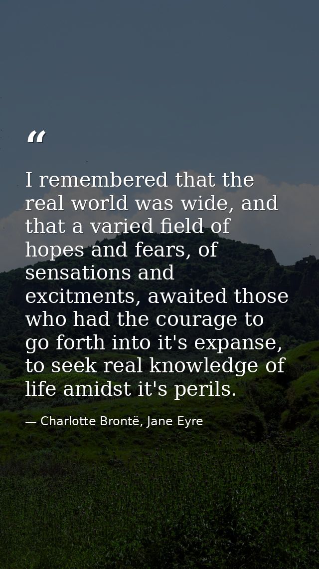 I remembered that the real world was wide, and that a varied field of hopes and fears, of sensations and excitments, awa — Charlotte Brontë, Jane Eyre