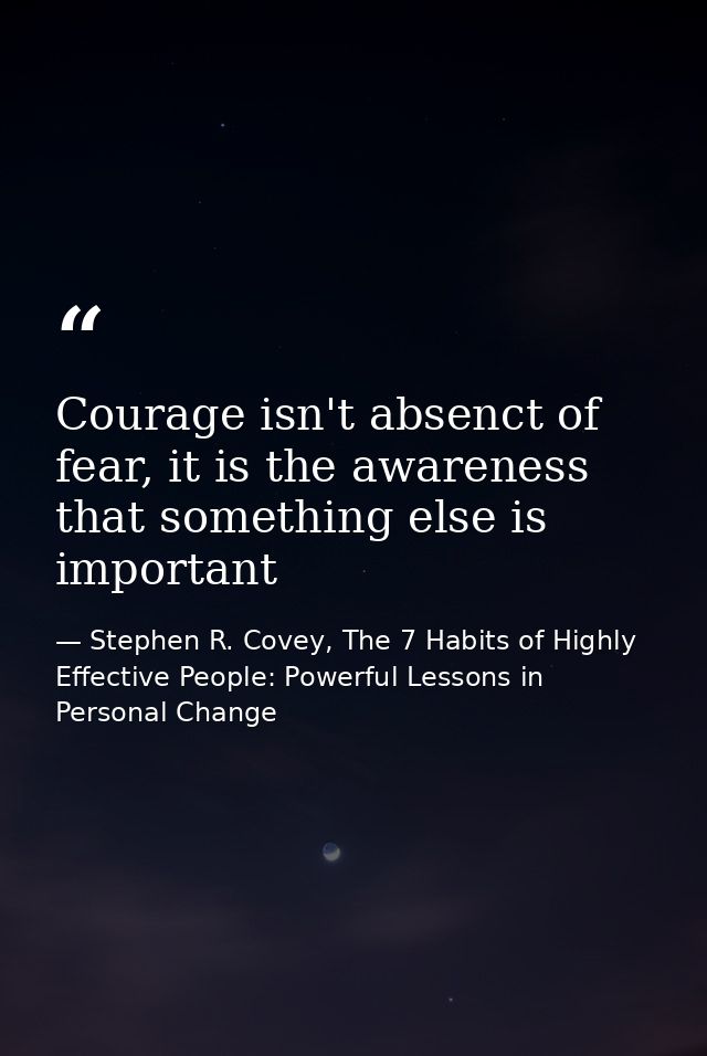 Courage isn't absenct of fear, it is the awareness that something else is important — Stephen R. Covey, The 7 Habits of Highly Effective People: Powerful Lessons in Personal Change