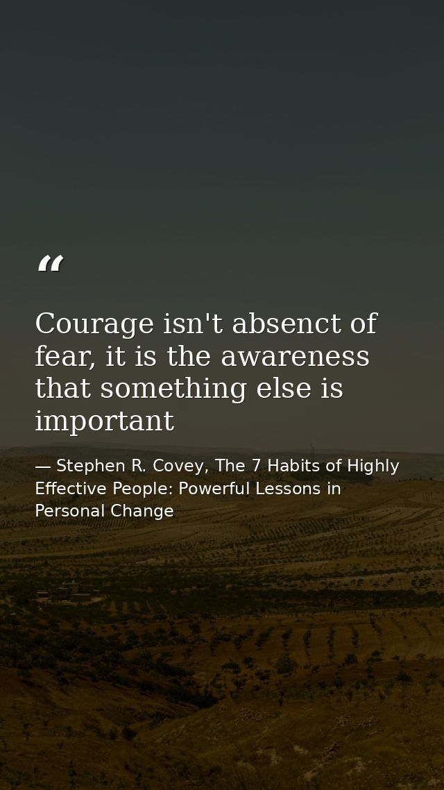 Courage isn't absenct of fear, it is the awareness that something else is important — Stephen R. Covey, The 7 Habits of Highly Effective People: Powerful Lessons in Personal Change