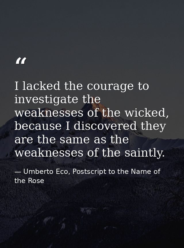 I lacked the courage to investigate the weaknesses of the wicked, because I discovered they are the same as the weakness — Umberto Eco, Postscript to the Name of the Rose