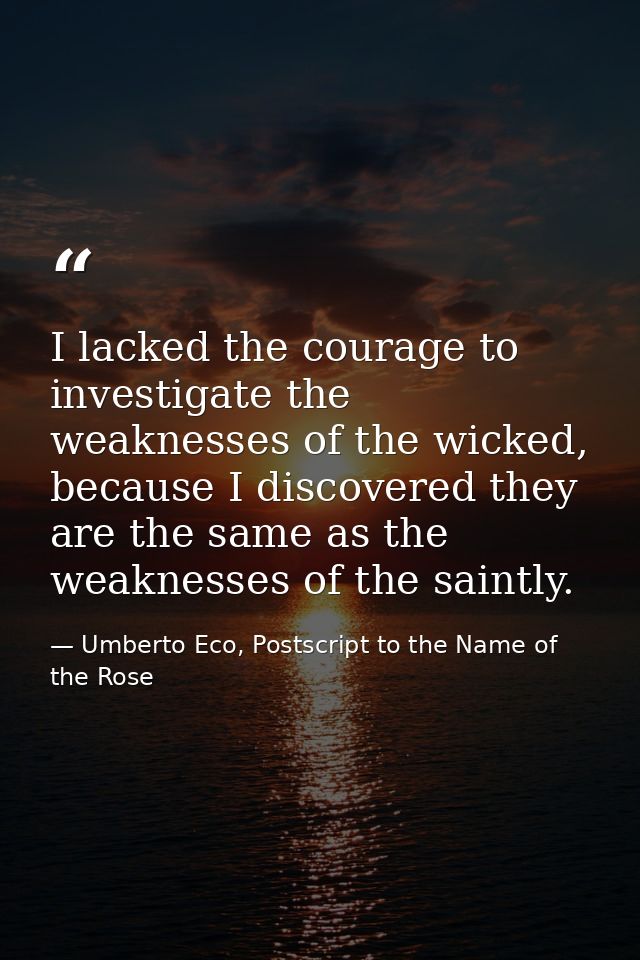 I lacked the courage to investigate the weaknesses of the wicked, because I discovered they are the same as the weakness — Umberto Eco, Postscript to the Name of the Rose