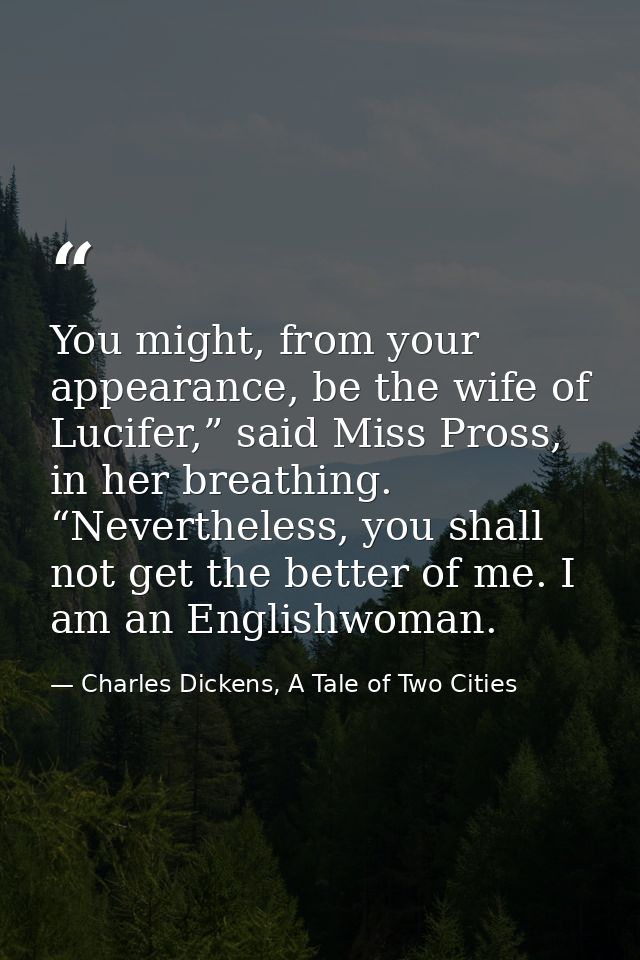You might, from your appearance, be the wife of Lucifer,” said Miss Pross, in her breathing. “Nevertheless, you shall no — Charles Dickens, A Tale of Two Cities