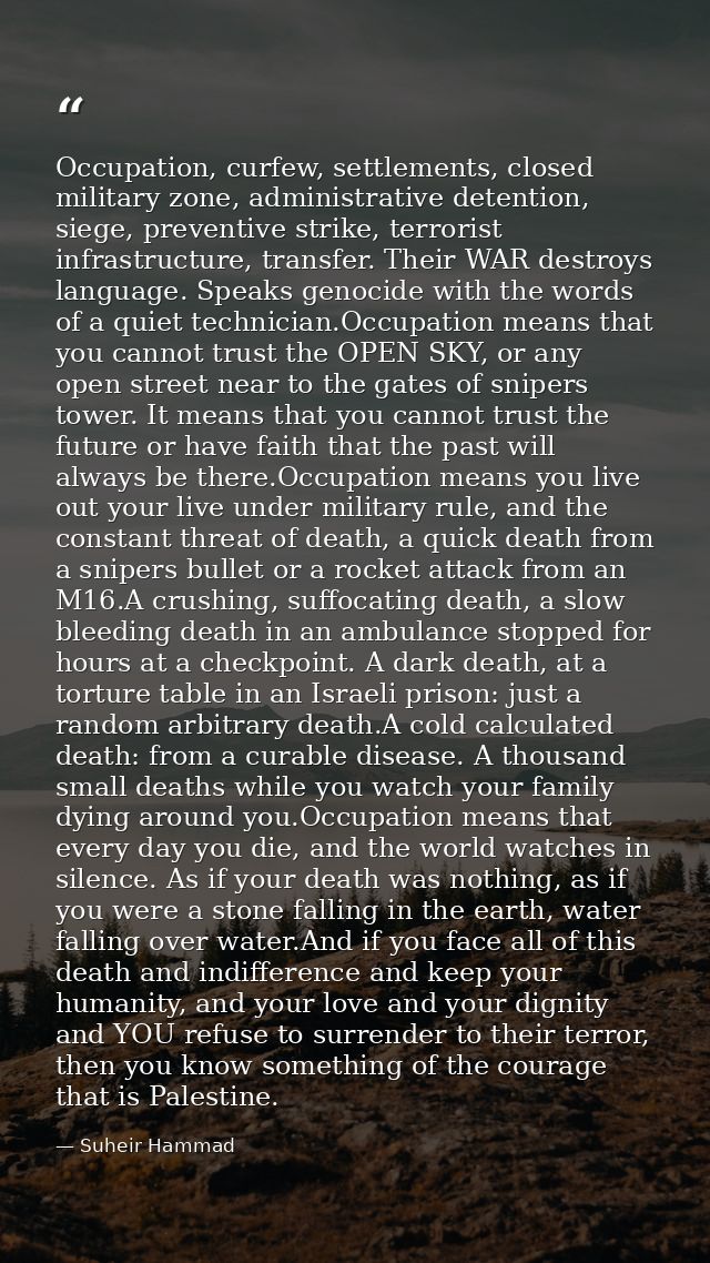 Occupation, curfew, settlements, closed military zone, administrative detention, siege, preventive strike, terrorist inf — Suheir Hammad