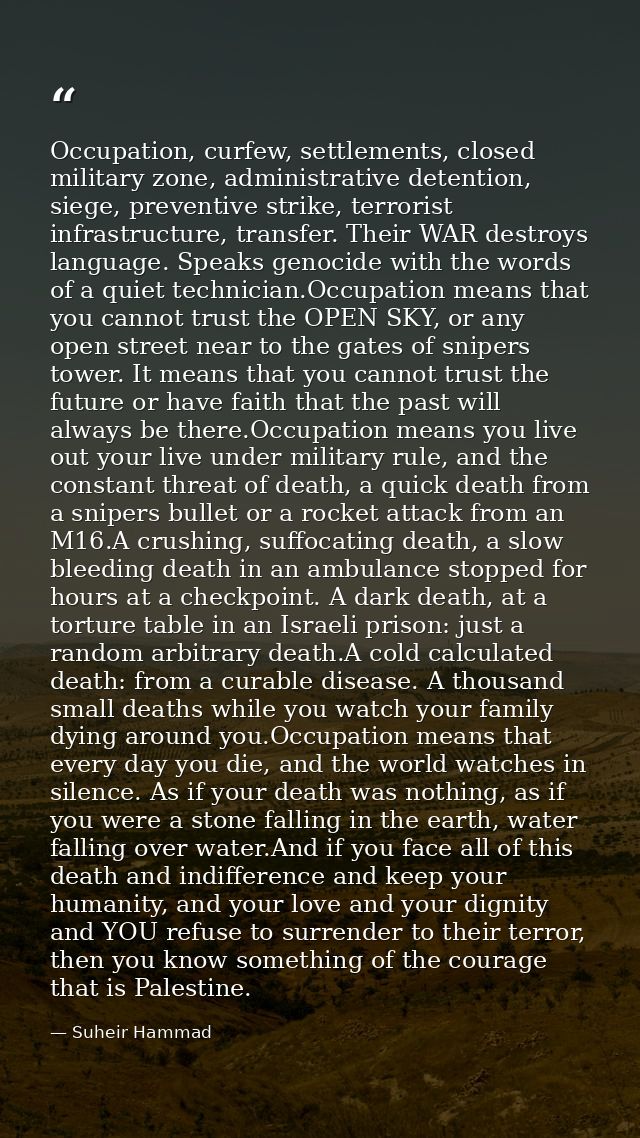 Occupation, curfew, settlements, closed military zone, administrative detention, siege, preventive strike, terrorist inf — Suheir Hammad