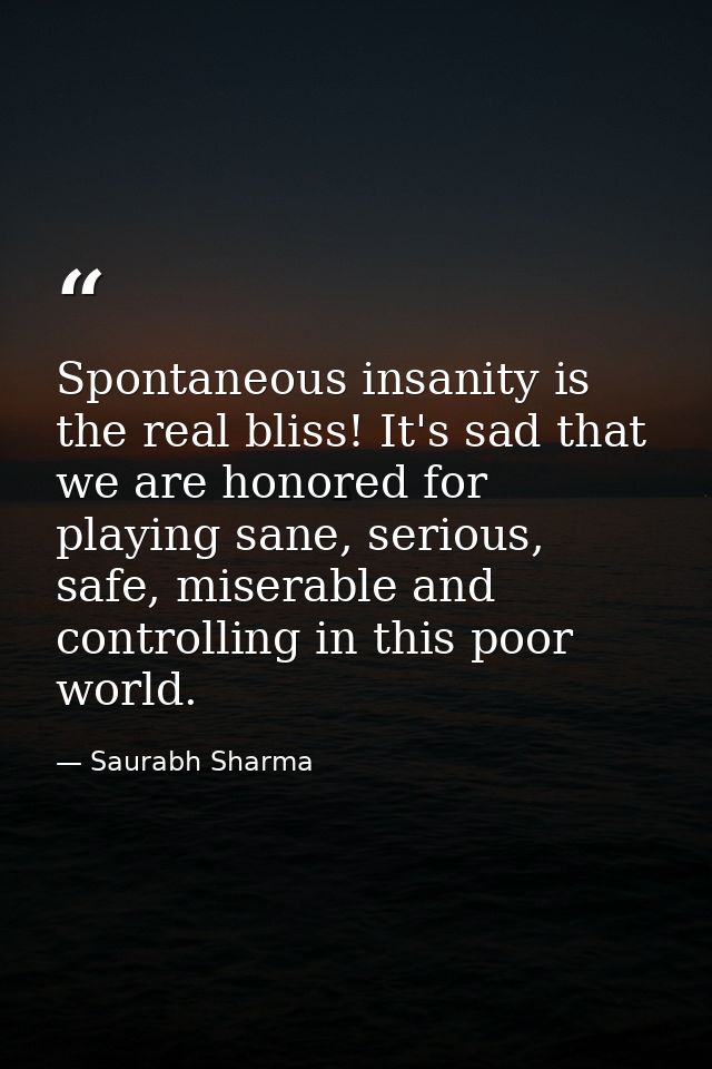 Spontaneous insanity is the real bliss! It's sad that we are honored for playing sane, serious, safe, miserable and cont — Saurabh Sharma