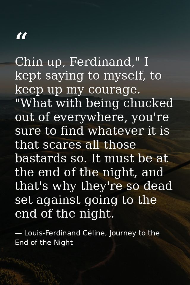 Chin up, Ferdinand," I kept saying to myself, to keep up my courage. "What with being chucked out of everywhere, you're  — Louis-Ferdinand Céline, Journey to the End of the Night
