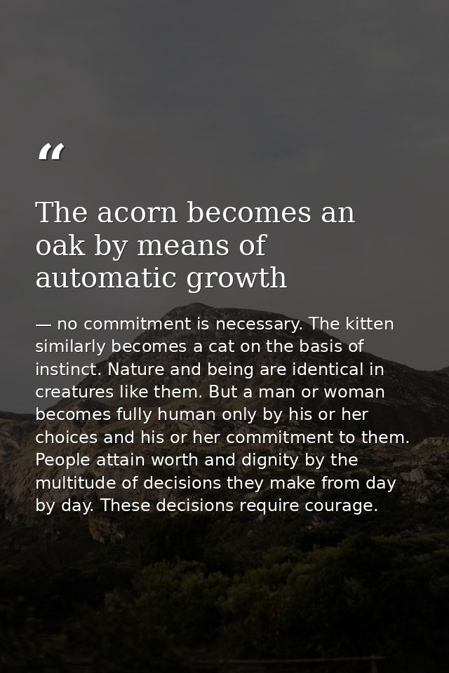 The acorn becomes an oak by means of automatic growth — no commitment is necessary. The kitten similarly becomes a cat on the basis of instinct. Nature and being are identical in creatures like them. But a man or woman becomes fully human only by his or her choices and his or her commitment to them. People attain worth and dignity by the multitude of decisions they make from day by day. These decisions require courage.
