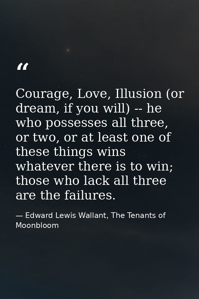 Courage, Love, Illusion (or dream, if you will) -- he who possesses all three, or two, or at least one of these things w — Edward Lewis Wallant, The Tenants of Moonbloom