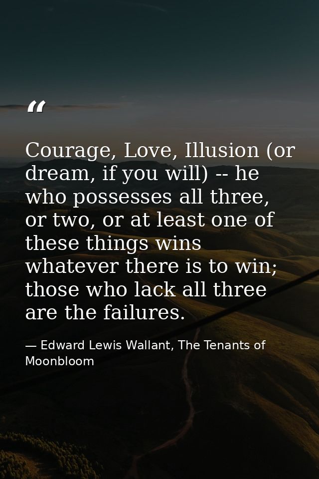 Courage, Love, Illusion (or dream, if you will) -- he who possesses all three, or two, or at least one of these things w — Edward Lewis Wallant, The Tenants of Moonbloom