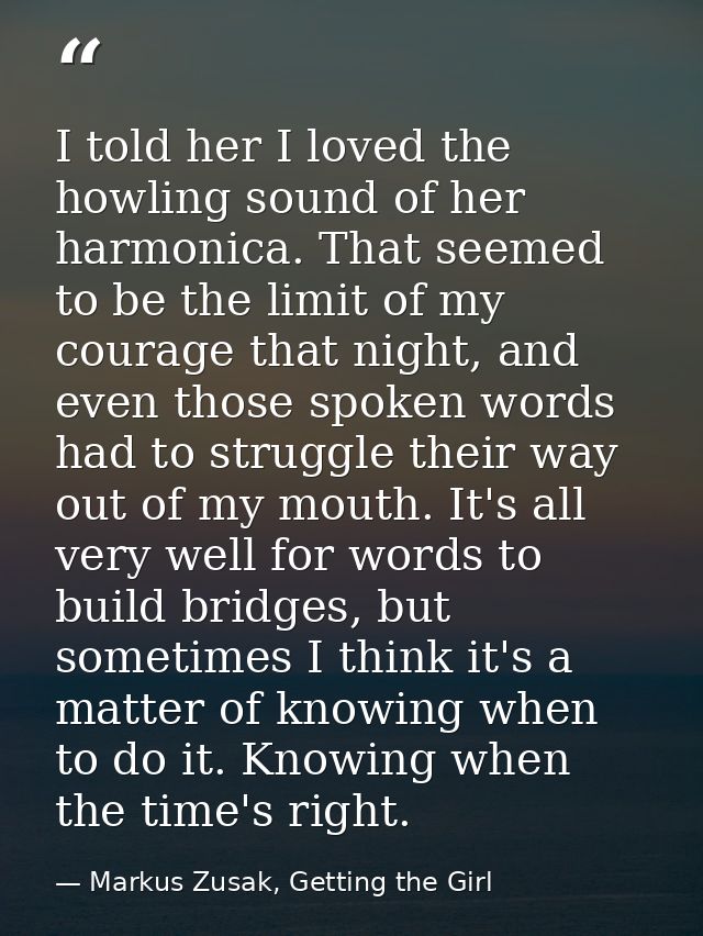 I told her I loved the howling sound of her harmonica. That seemed to be the limit of my courage that night, and even th — Markus Zusak, Getting the Girl