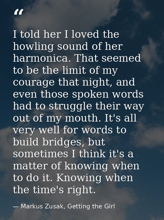I told her I loved the howling sound of her harmonica. That seemed to be the limit of my courage that night, and even th — Markus Zusak, Getting the Girl