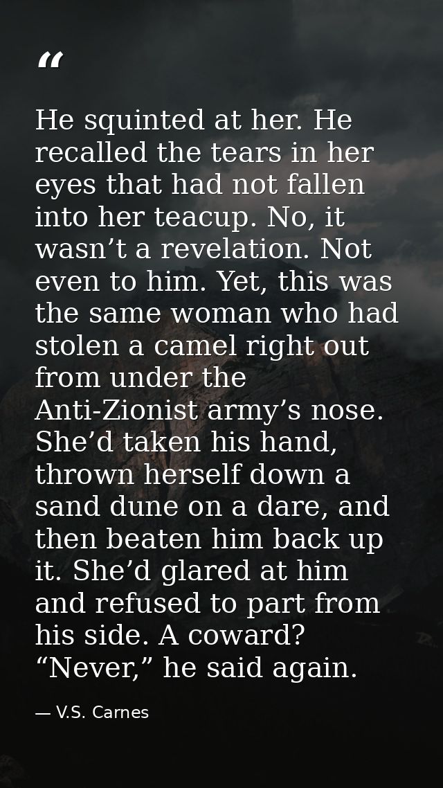 He squinted at her. He recalled the tears in her eyes that had not fallen into her teacup. No, it wasn’t a revelation. N — V.S. Carnes