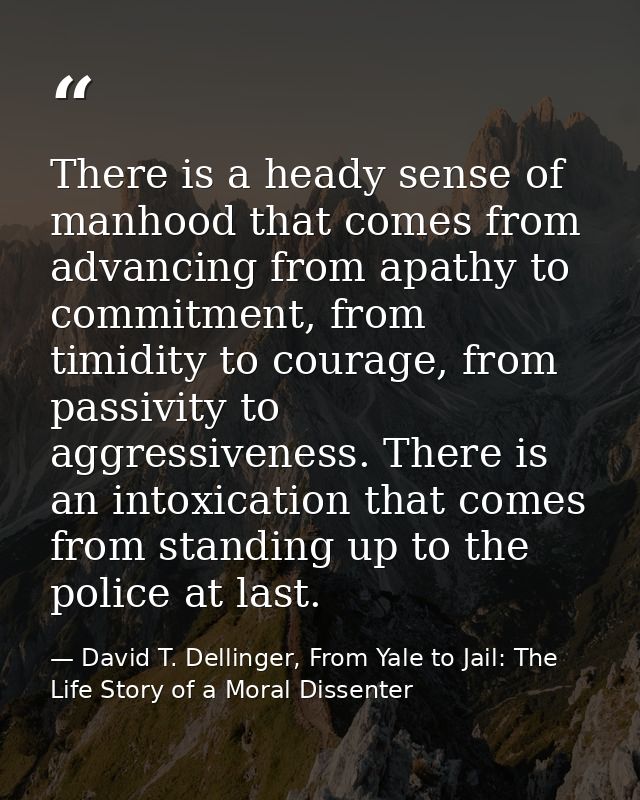 There is a heady sense of manhood that comes from advancing from apathy to commitment, from timidity to courage, from pa — David T. Dellinger, From Yale to Jail: The Life Story of a Moral Dissenter