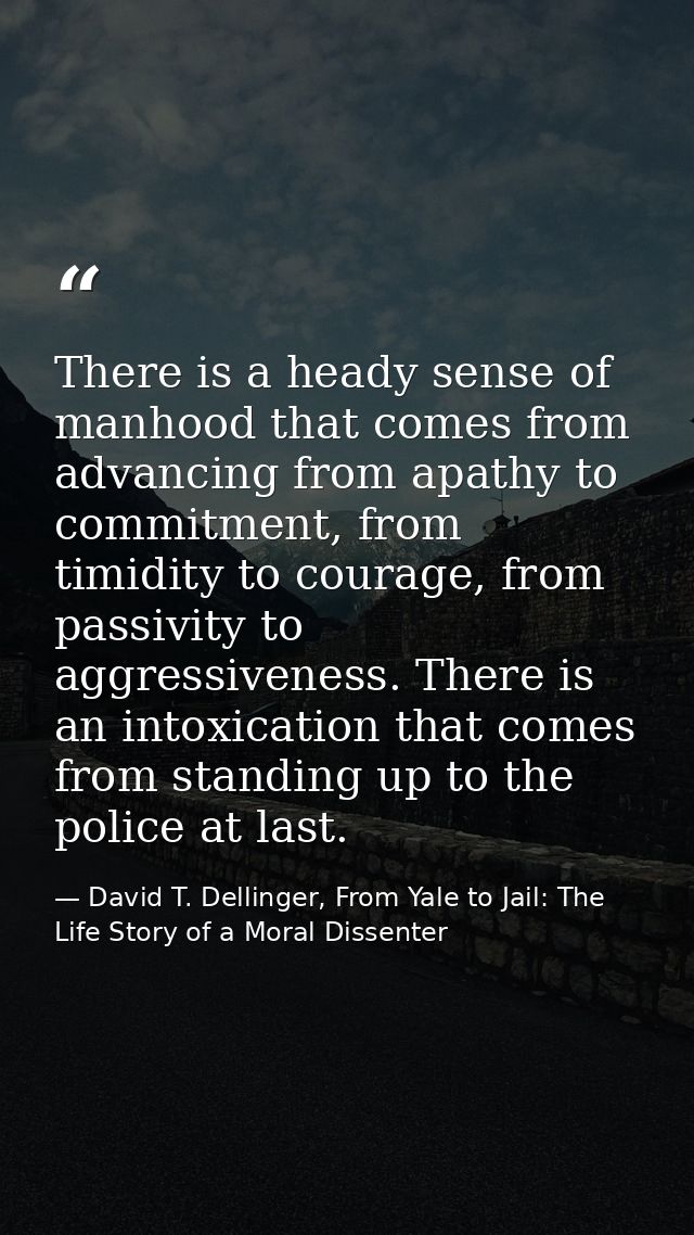 There is a heady sense of manhood that comes from advancing from apathy to commitment, from timidity to courage, from pa — David T. Dellinger, From Yale to Jail: The Life Story of a Moral Dissenter