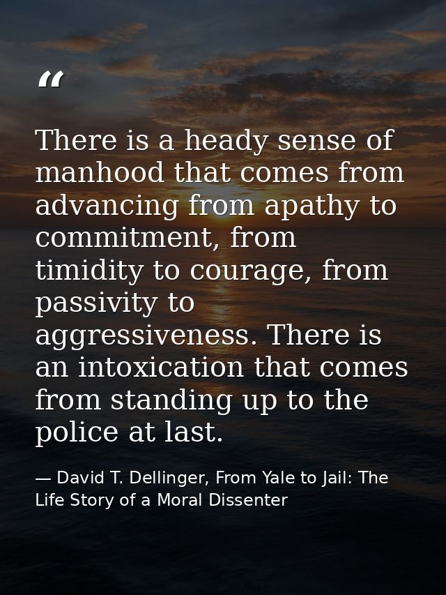 There is a heady sense of manhood that comes from advancing from apathy to commitment, from timidity to courage, from pa — David T. Dellinger, From Yale to Jail: The Life Story of a Moral Dissenter