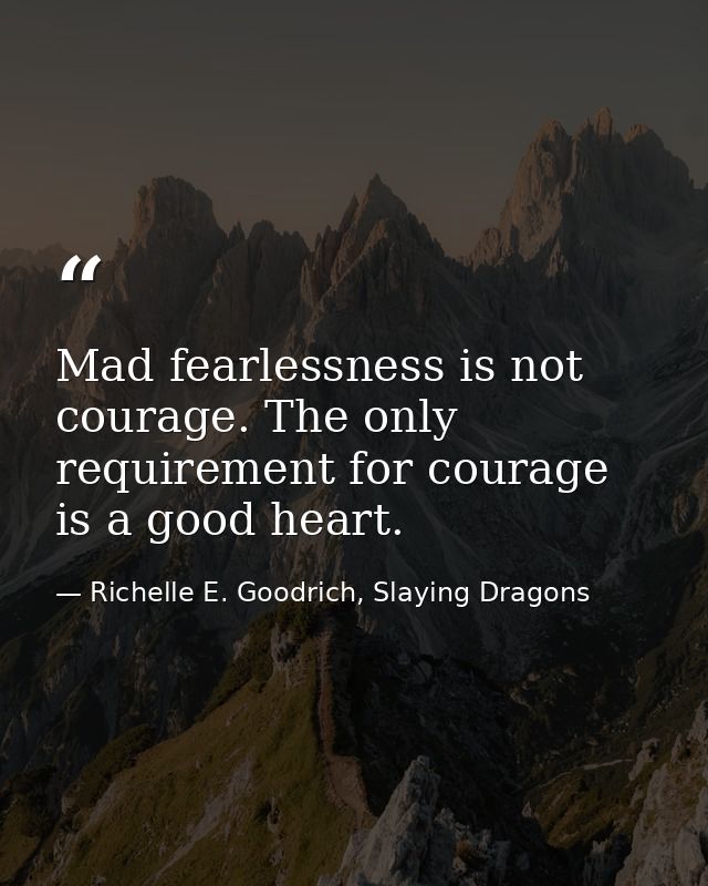 Mad fearlessness is not courage. The only requirement for courage is a good heart. — Richelle E. Goodrich, Slaying Dragons