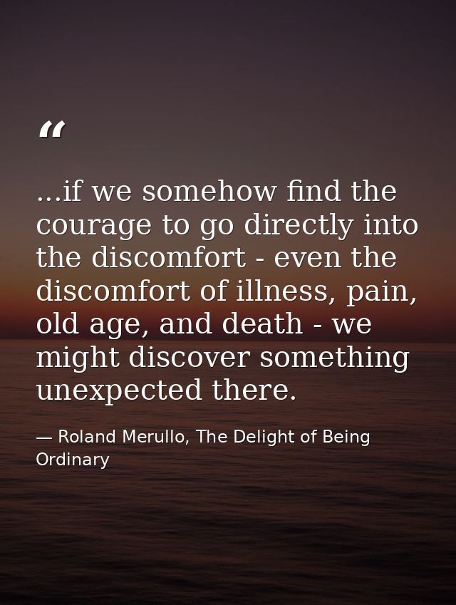 ...if we somehow find the courage to go directly into the discomfort - even the discomfort of illness, pain, old age, an — Roland Merullo, The Delight of Being Ordinary