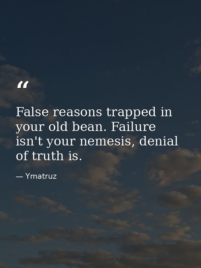 False reasons trapped in your old bean. Failure isn't your nemesis, denial of truth is. — Ymatruz
