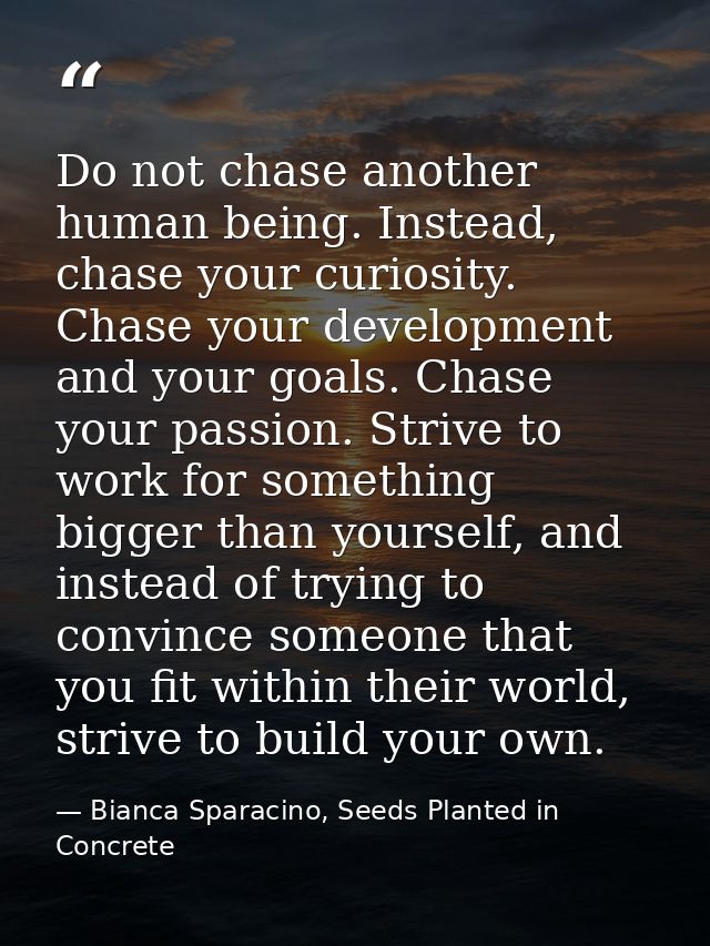 Do not chase another human being. Instead, chase your curiosity. Chase your development and your goals. Chase your passi — Bianca Sparacino, Seeds Planted in Concrete