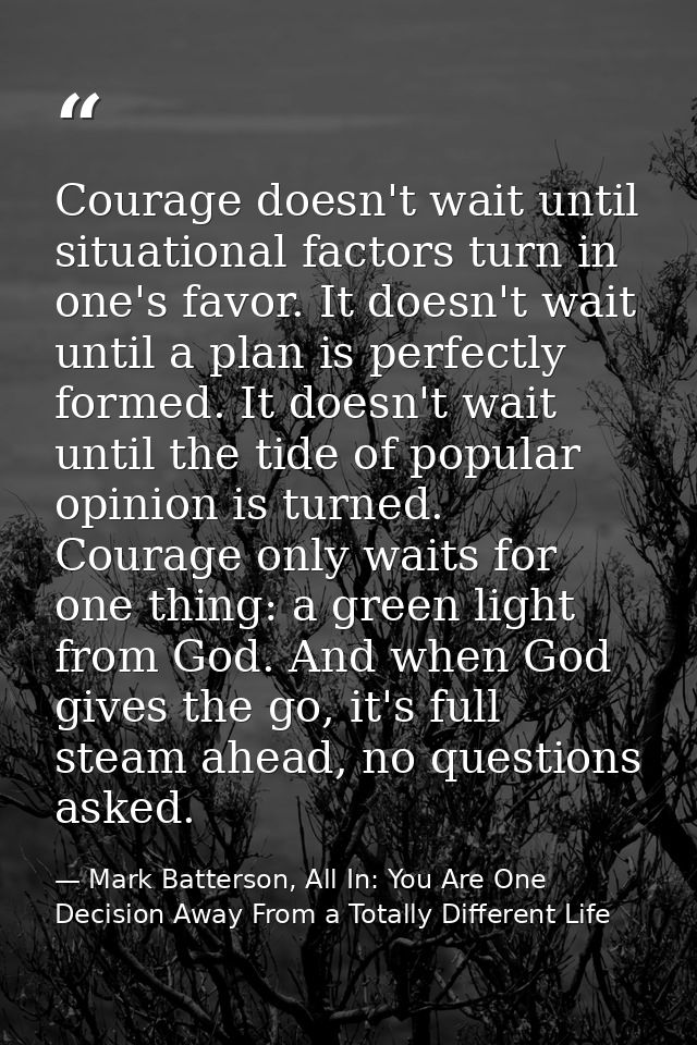 Courage doesn't wait until situational factors turn in one's favor. It doesn't wait until a plan is perfectly formed. It — Mark Batterson, All In: You Are One Decision Away From a Totally Different Life