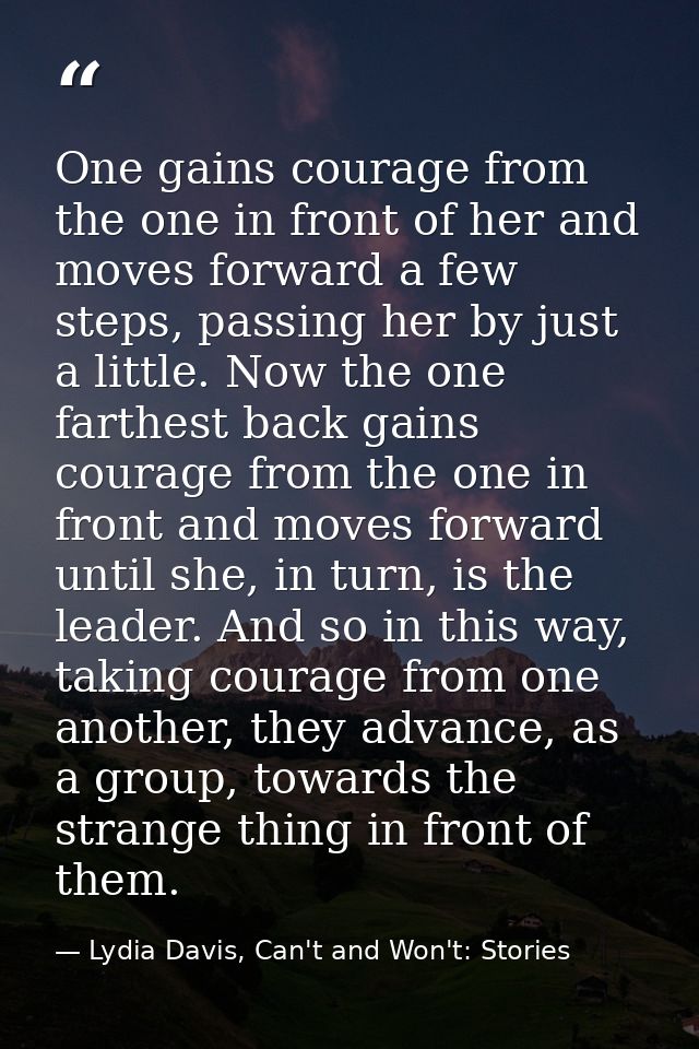 One gains courage from the one in front of her and moves forward a few steps, passing her by just a little. Now the one  — Lydia Davis, Can't and Won't: Stories