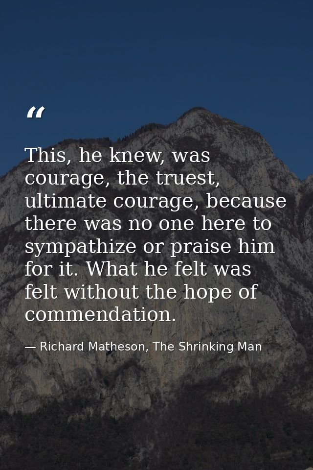 This, he knew, was courage, the truest, ultimate courage, because there was no one here to sympathize or praise him for  — Richard Matheson, The Shrinking Man