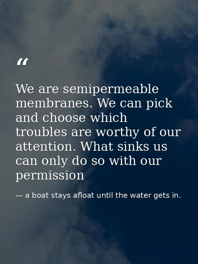 We are semipermeable membranes. We can pick and choose which troubles are worthy of our attention. What sinks us can onl — a boat stays afloat until the water gets in.