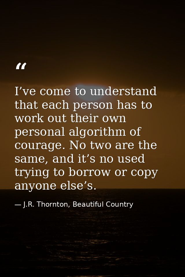 I’ve come to understand that each person has to work out their own personal algorithm of courage. No two are the same, a — J.R. Thornton, Beautiful Country